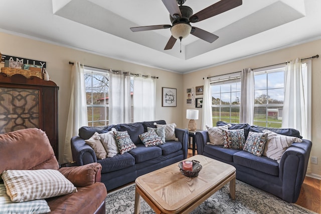 living room with wood-type flooring, a raised ceiling, ceiling fan, and crown molding