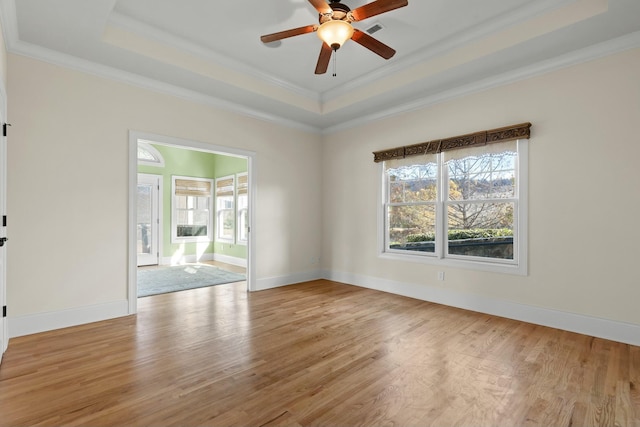 unfurnished room featuring a raised ceiling, plenty of natural light, light hardwood / wood-style floors, and ornamental molding