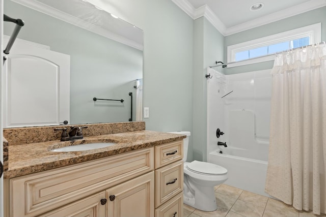 full bathroom with shower / bath combo, vanity, tile patterned floors, crown molding, and toilet