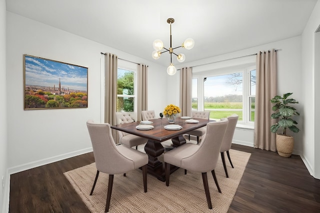 dining room with a wealth of natural light, a notable chandelier, and dark wood-type flooring