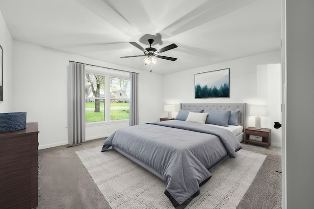 bedroom featuring ceiling fan and light colored carpet