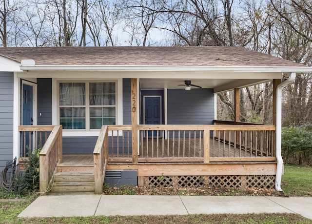 view of front of home with a porch and ceiling fan