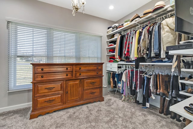 walk in closet with light colored carpet