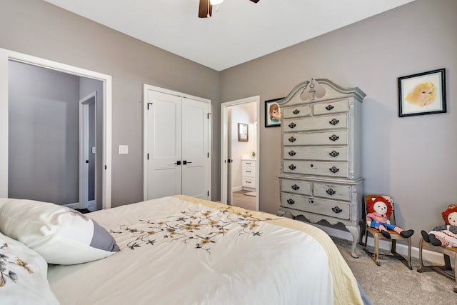 bedroom featuring ceiling fan, carpet floors, connected bathroom, and a closet