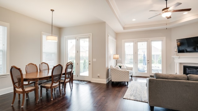 dining space featuring plenty of natural light, ceiling fan, a raised ceiling, and dark wood-type flooring