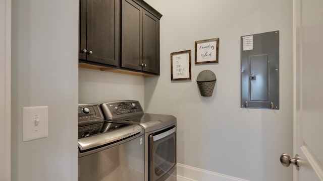 laundry area featuring electric panel, separate washer and dryer, and cabinets