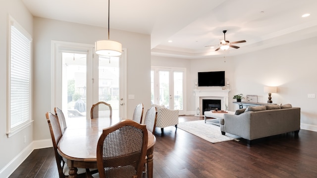 dining room featuring a raised ceiling, ceiling fan, and dark hardwood / wood-style floors