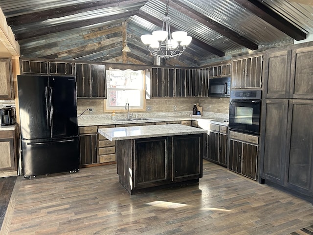 kitchen featuring pendant lighting, a center island, black appliances, lofted ceiling with beams, and dark hardwood / wood-style floors