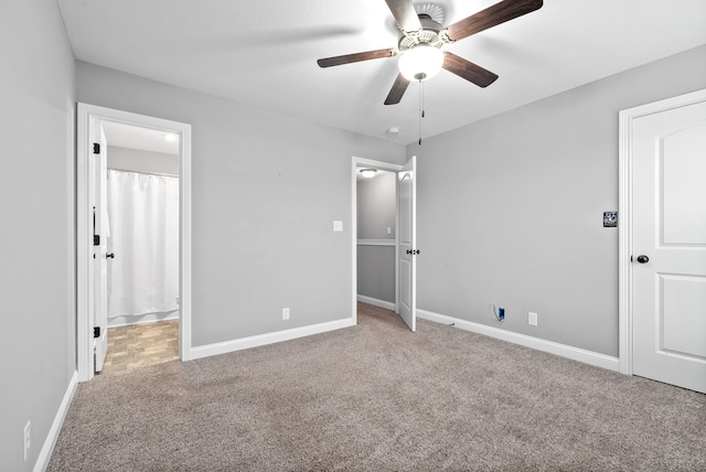 unfurnished bedroom with carpet flooring and ceiling fan