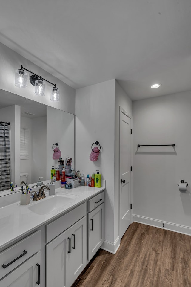 bathroom with hardwood / wood-style floors and vanity