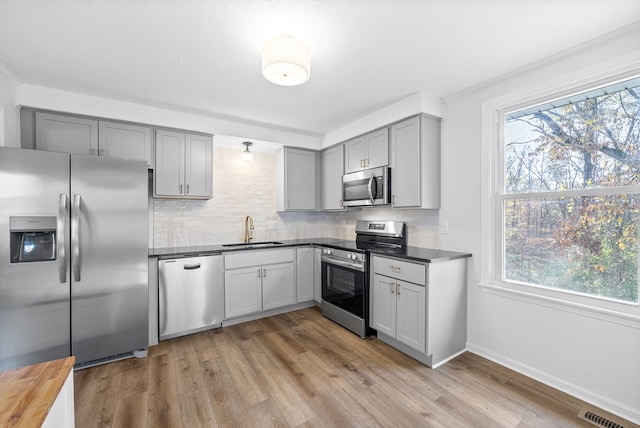 kitchen with sink, plenty of natural light, light hardwood / wood-style flooring, and appliances with stainless steel finishes