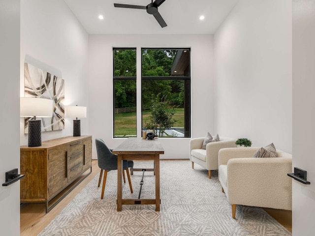 office area featuring ceiling fan and light hardwood / wood-style flooring