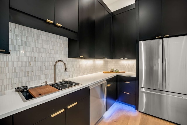 kitchen with decorative backsplash, light wood-type flooring, sink, and appliances with stainless steel finishes