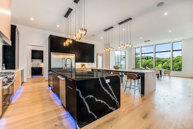 kitchen with light wood-type flooring, sink, high quality appliances, hanging light fixtures, and a large island