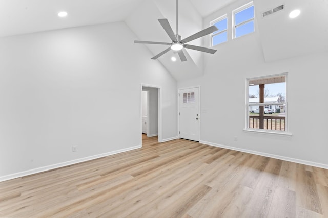 empty room featuring ceiling fan, recessed lighting, visible vents, baseboards, and light wood-style floors