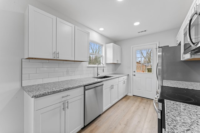 kitchen with white cabinetry, appliances with stainless steel finishes, decorative backsplash, and a sink