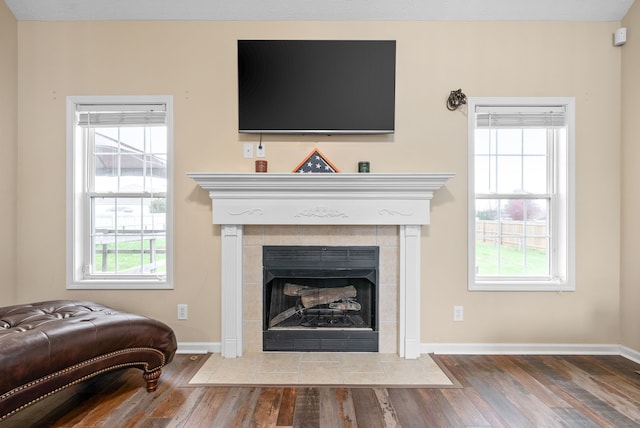 interior space featuring a tiled fireplace, a healthy amount of sunlight, and wood-type flooring