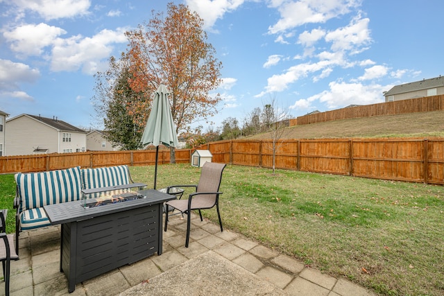 view of patio featuring an outdoor living space with a fire pit