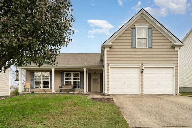 front facade featuring a garage and a front lawn