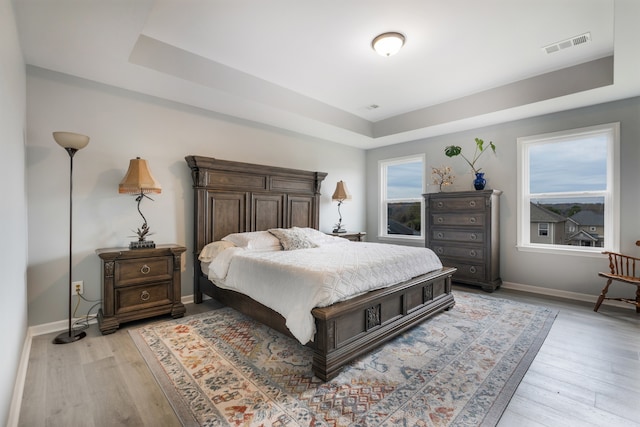 bedroom with a raised ceiling and light hardwood / wood-style flooring