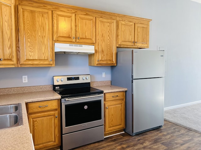 kitchen with sink, dark wood-type flooring, and appliances with stainless steel finishes