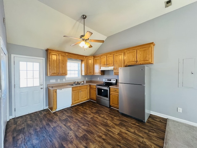 kitchen with ceiling fan, sink, dark hardwood / wood-style flooring, lofted ceiling, and appliances with stainless steel finishes