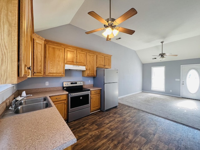 kitchen featuring appliances with stainless steel finishes, dark hardwood / wood-style flooring, vaulted ceiling, ceiling fan, and sink