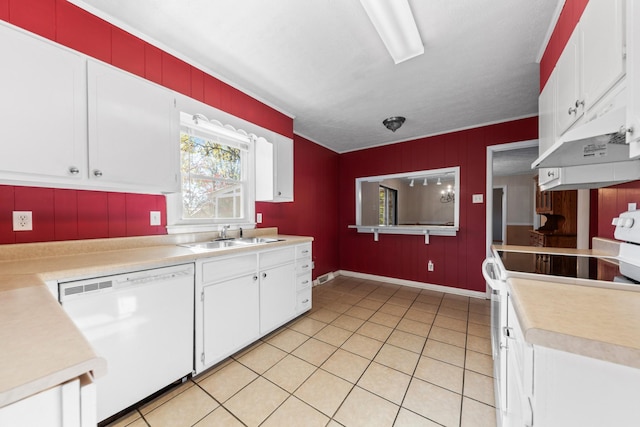 kitchen featuring white appliances, white cabinetry, and sink