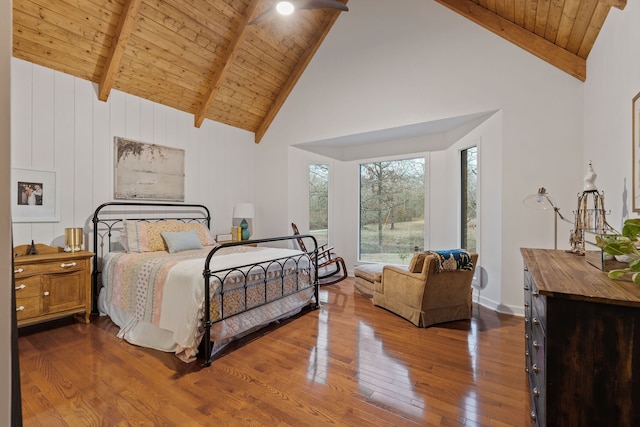 bedroom with hardwood / wood-style floors, high vaulted ceiling, wooden ceiling, and beam ceiling