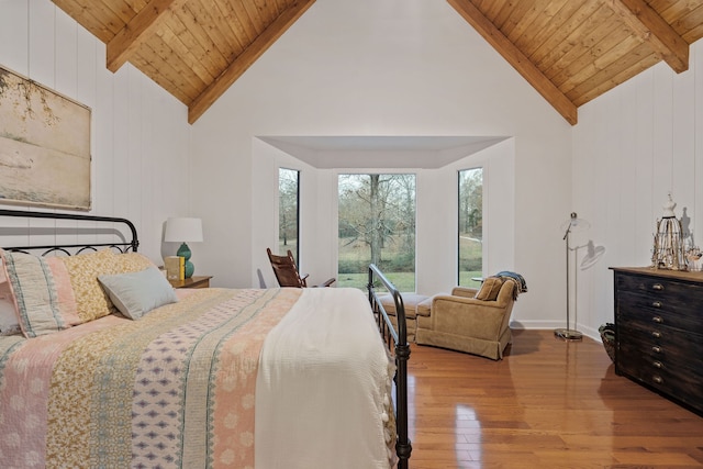 bedroom featuring beam ceiling, wooden ceiling, high vaulted ceiling, and light hardwood / wood-style floors