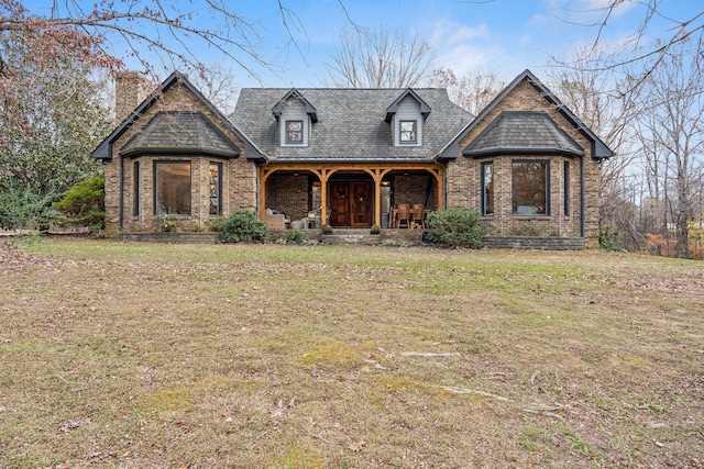 view of front facade featuring a front lawn and covered porch