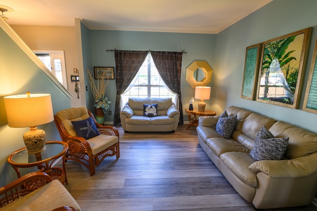 living room with wood-type flooring, plenty of natural light, and crown molding