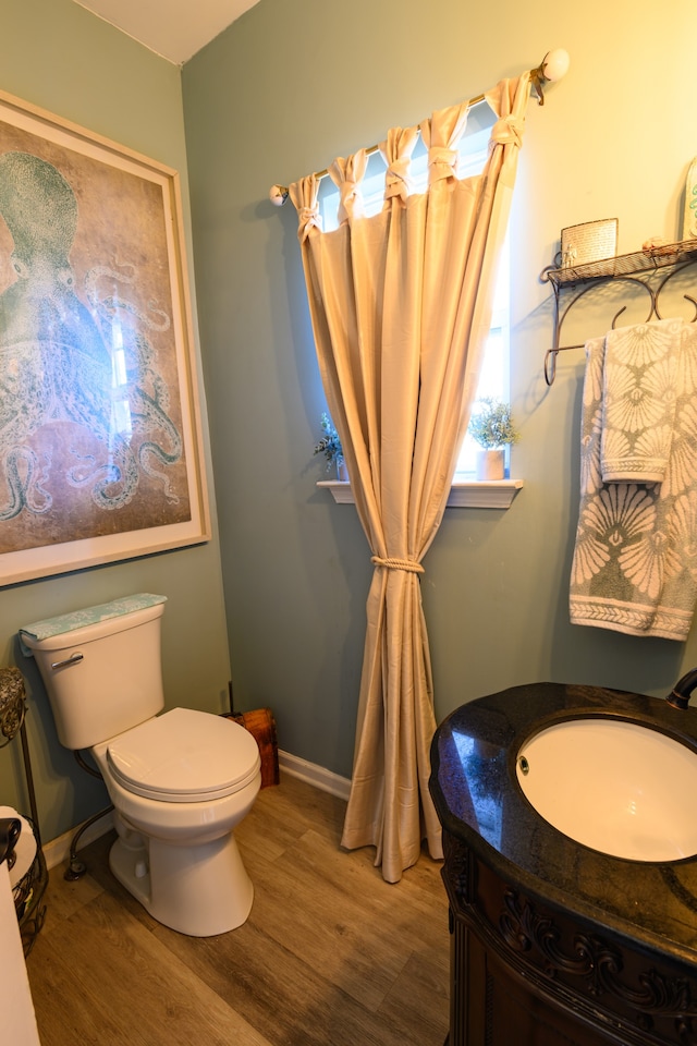 bathroom featuring vanity, hardwood / wood-style flooring, and toilet