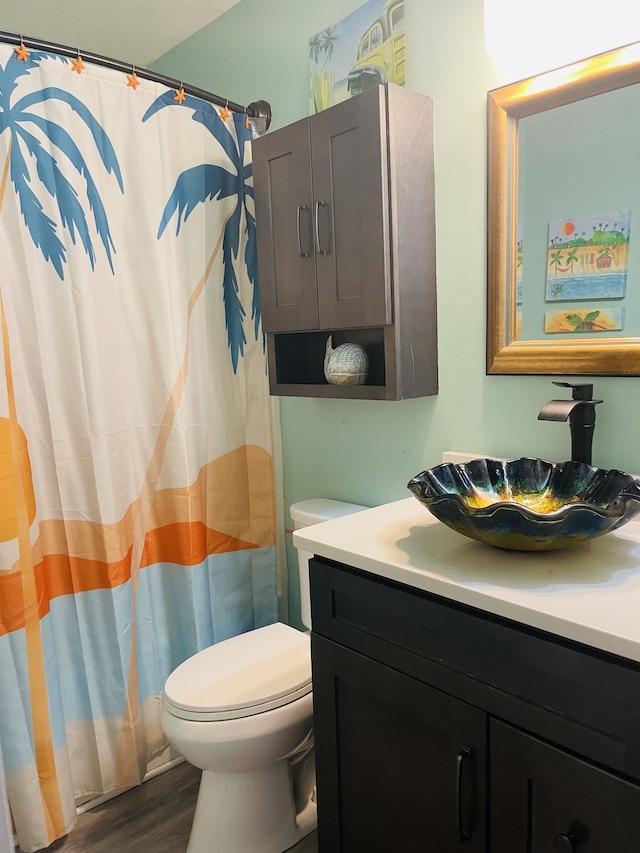 bathroom with a shower with curtain, vanity, hardwood / wood-style flooring, and toilet