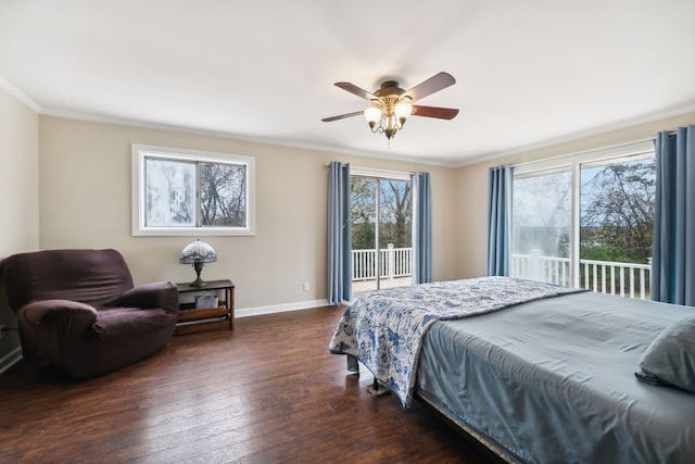 bedroom with access to exterior, ceiling fan, dark hardwood / wood-style flooring, and multiple windows