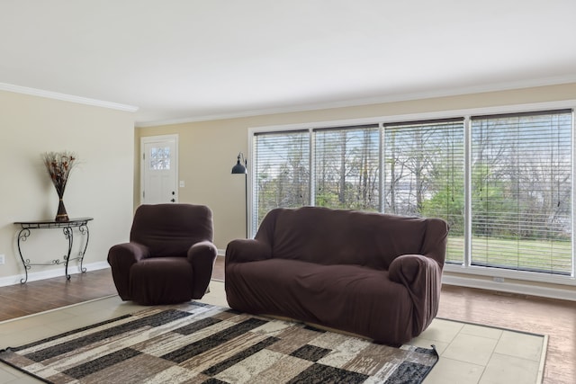 living room with light wood-type flooring, ornamental molding, and a wealth of natural light