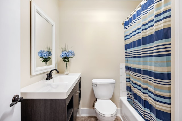 full bathroom with shower / bathtub combination with curtain, vanity, and toilet