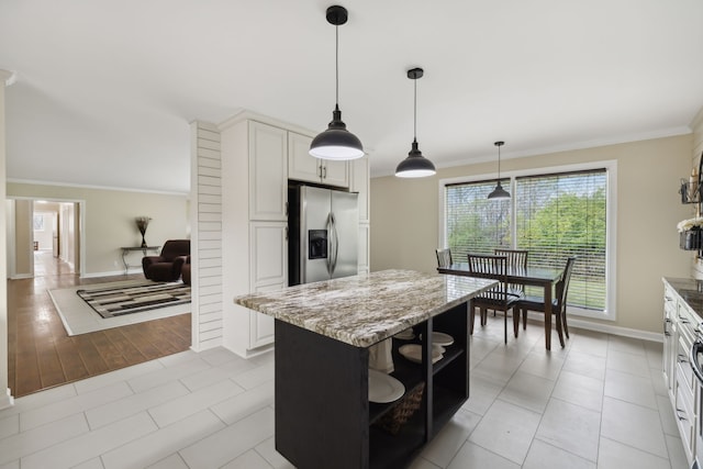 kitchen featuring a center island, hanging light fixtures, white cabinetry, light hardwood / wood-style floors, and stainless steel fridge with ice dispenser