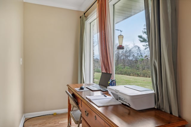 office space with a wealth of natural light, crown molding, and light wood-type flooring