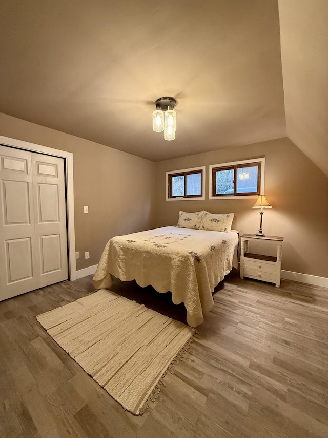 bedroom with hardwood / wood-style floors, a closet, and vaulted ceiling