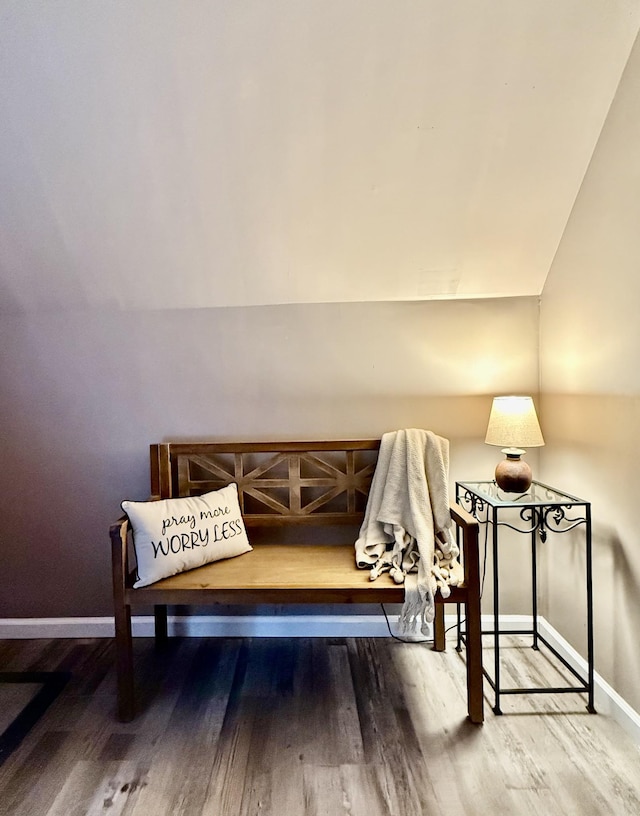 living area featuring vaulted ceiling and hardwood / wood-style flooring