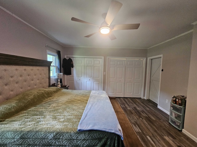 unfurnished bedroom with ceiling fan, dark hardwood / wood-style flooring, two closets, and ornamental molding