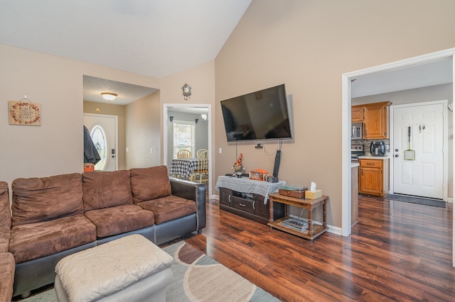 living room featuring dark hardwood / wood-style floors and lofted ceiling