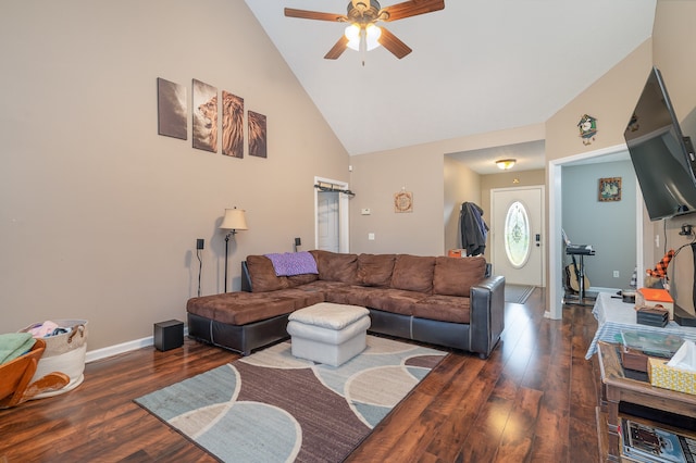 living room featuring ceiling fan, high vaulted ceiling, and dark hardwood / wood-style floors