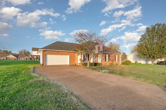 ranch-style house with a garage and a front yard