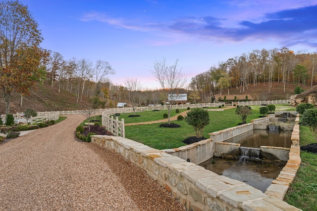 view of home's community with a lawn, a rural view, and a water view