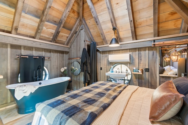 bedroom featuring an AC wall unit, wooden walls, wood ceiling, and lofted ceiling with beams