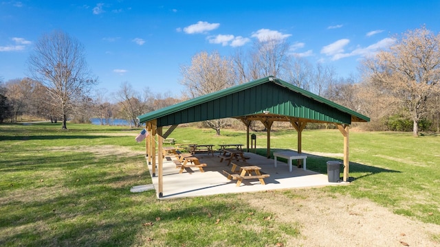 view of community featuring a gazebo and a lawn