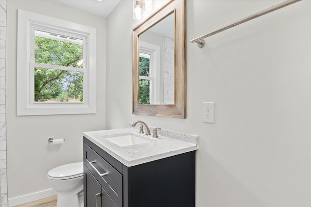 bathroom with hardwood / wood-style flooring, vanity, and toilet