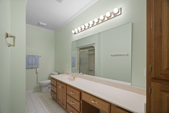 bathroom featuring vanity, crown molding, tile patterned flooring, toilet, and a shower with shower door